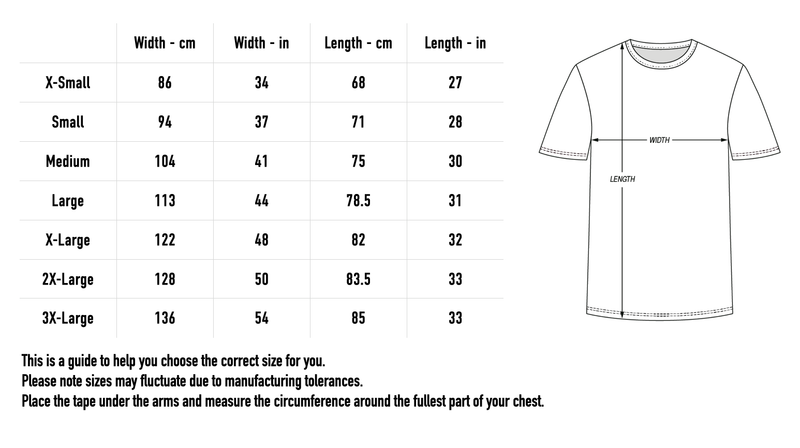 Size chart for UK/EU Tour 25 Tee - Black