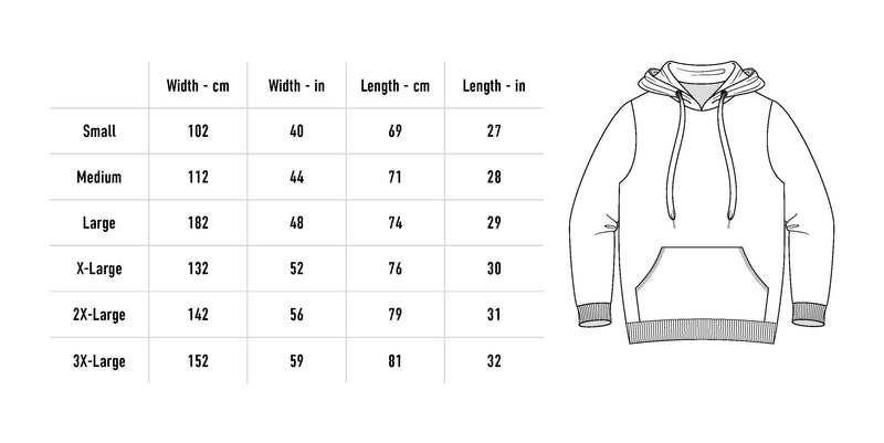 Size chart for Bug Lovin Hoodie - Forest Green