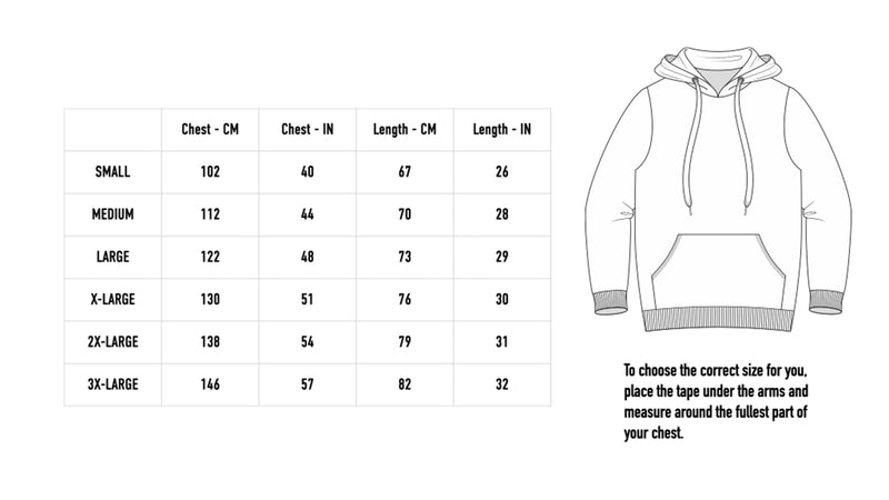 Size chart for Creatures Hoodie - Black